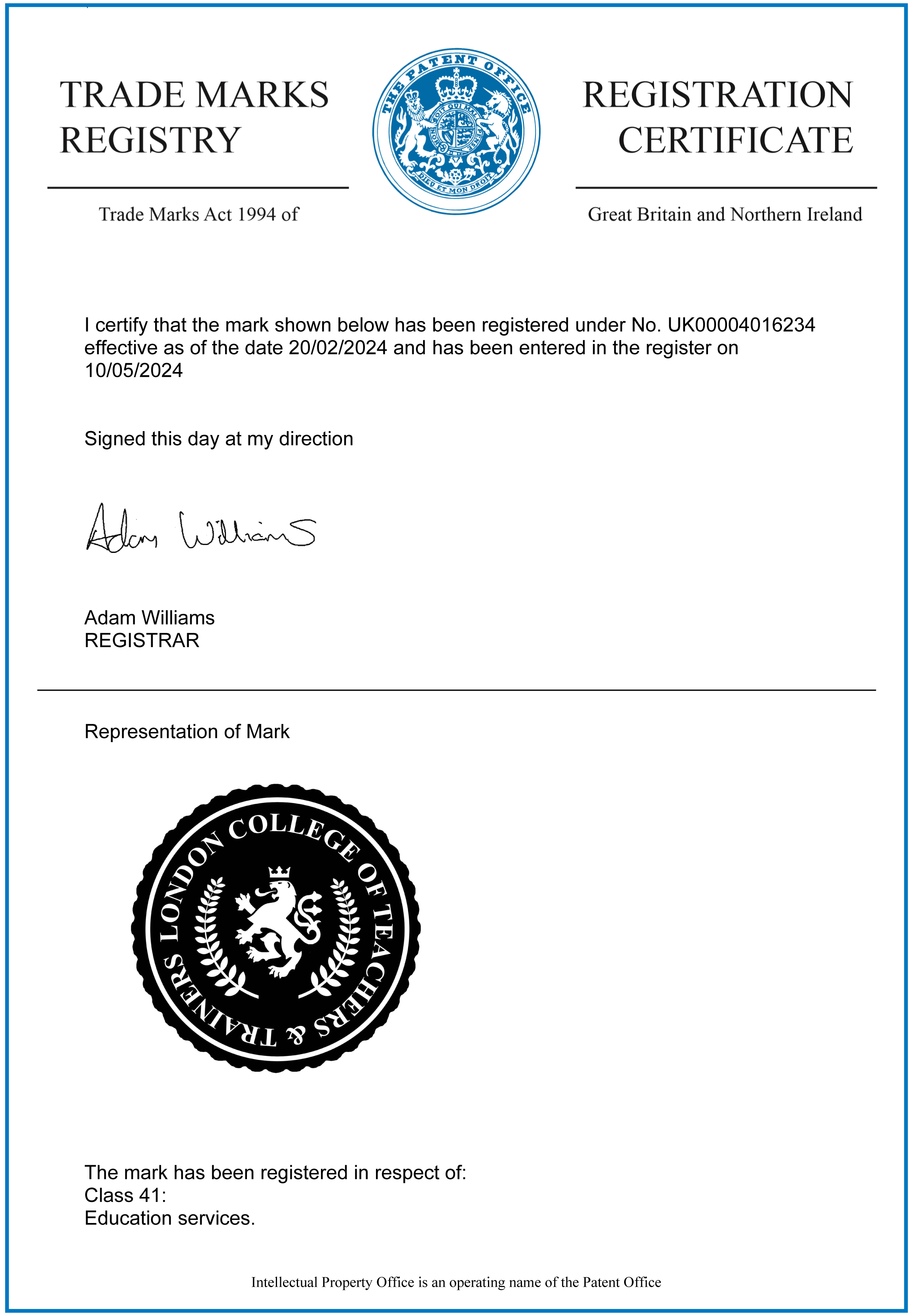 London College of Teachers - Diploma Certificate